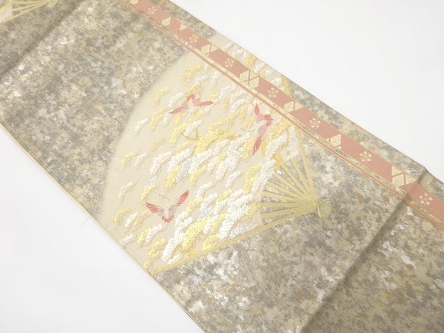 引箔　扇に笠松・鶴模様織り出し袋帯